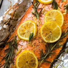 baked salmon in foil photo with text