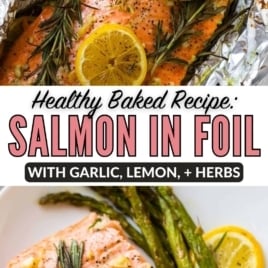 collage photo of healthy baked salmon in foil with garlic, lemon and herbs
