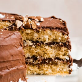 the BEST almond joy cake with three layers of moist coconut cake