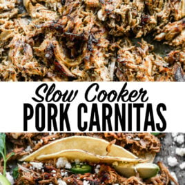 a collage with two photos of slow cooker pork carnitas