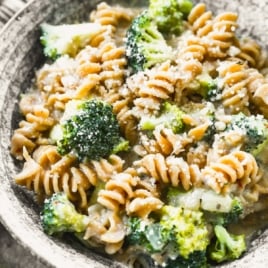 Bowl of creamy broccoli pasta with parmesan