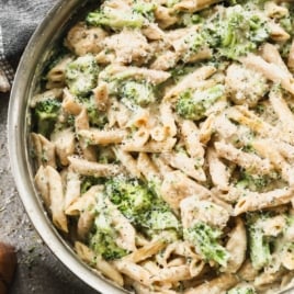 skillet of chicken broccoli alfredo pasta recipe