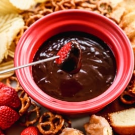dipping strawberry into chocolate fondue