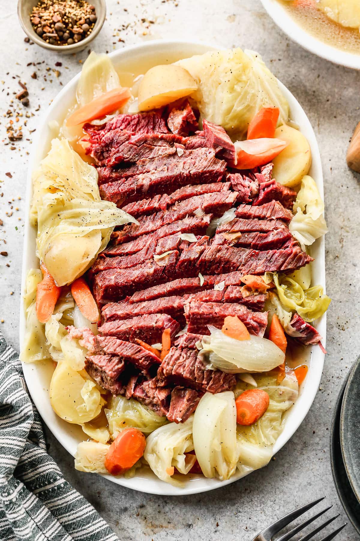 corned beef and cabbage on a large platter