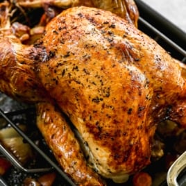 Juicy dry brine turkey in a roasting pan