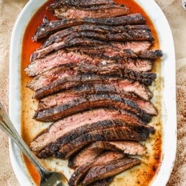 a plate of juicy grilled flank steak