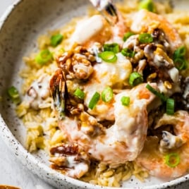 creamy honey walnut shrimp on a plate with rice