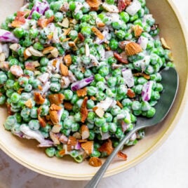 fresh pea salad with almonds and bacon