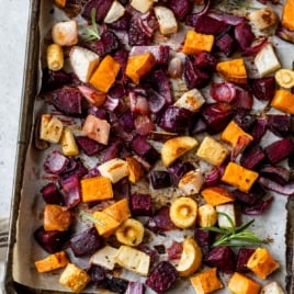 crispy roasted root vegetables on a sheet pan