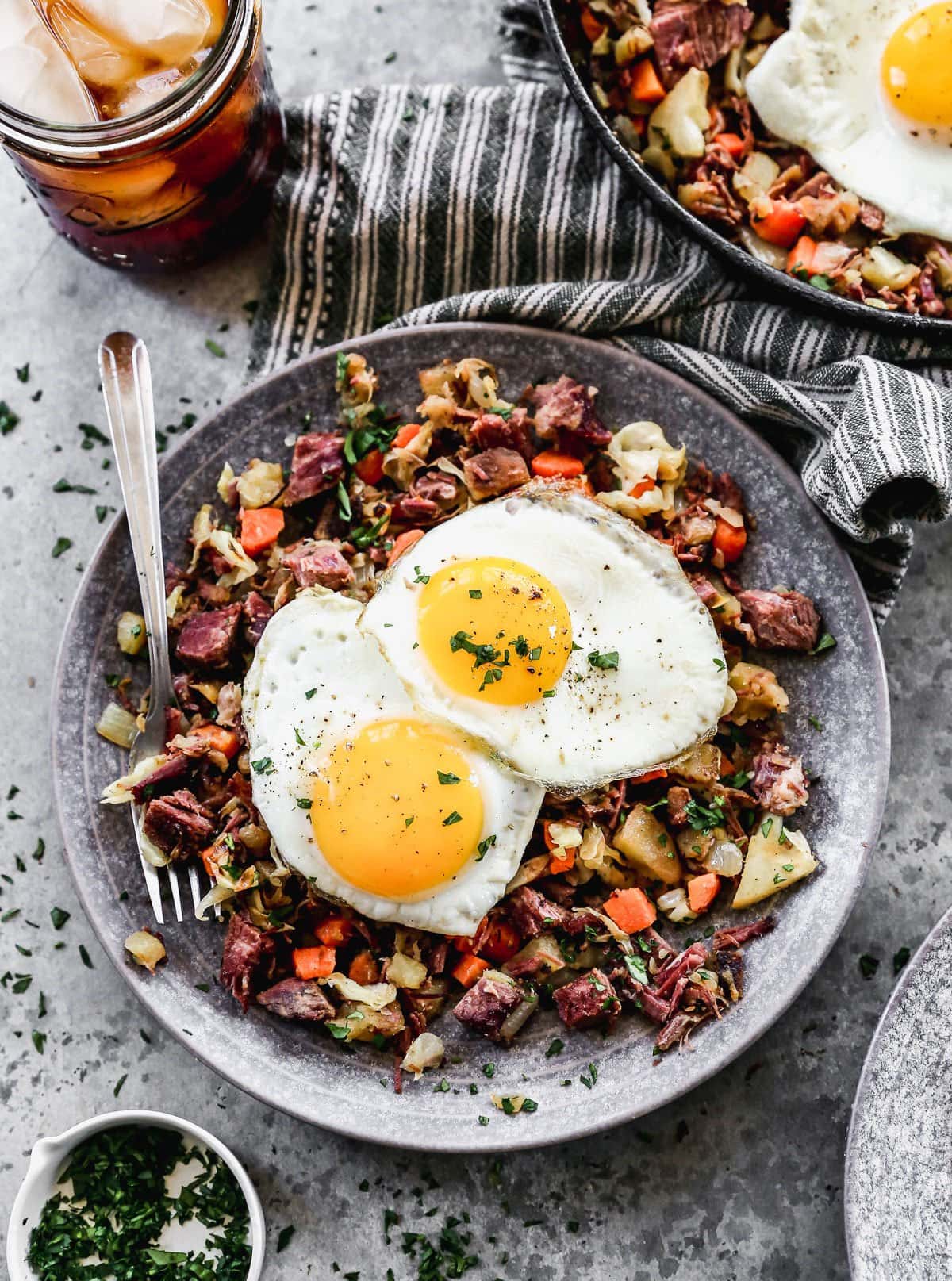 easy corned beef hash with eggs recipe in a bowl