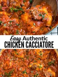 a collage of two photos of easy authentic chicken cacciatore