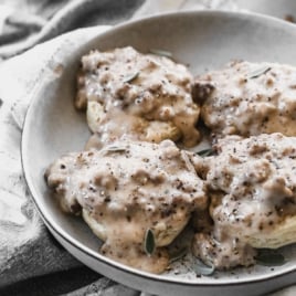 easy breakfast biscuits and gravy recipe on a plate