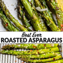A collage of two photos of the best roasted asparagus in the oven
