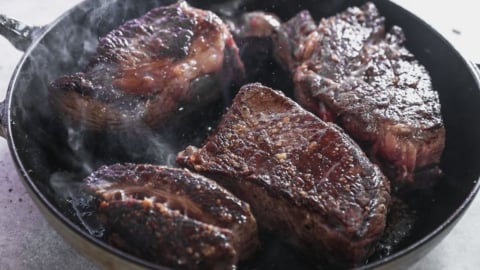 seared beef in pan