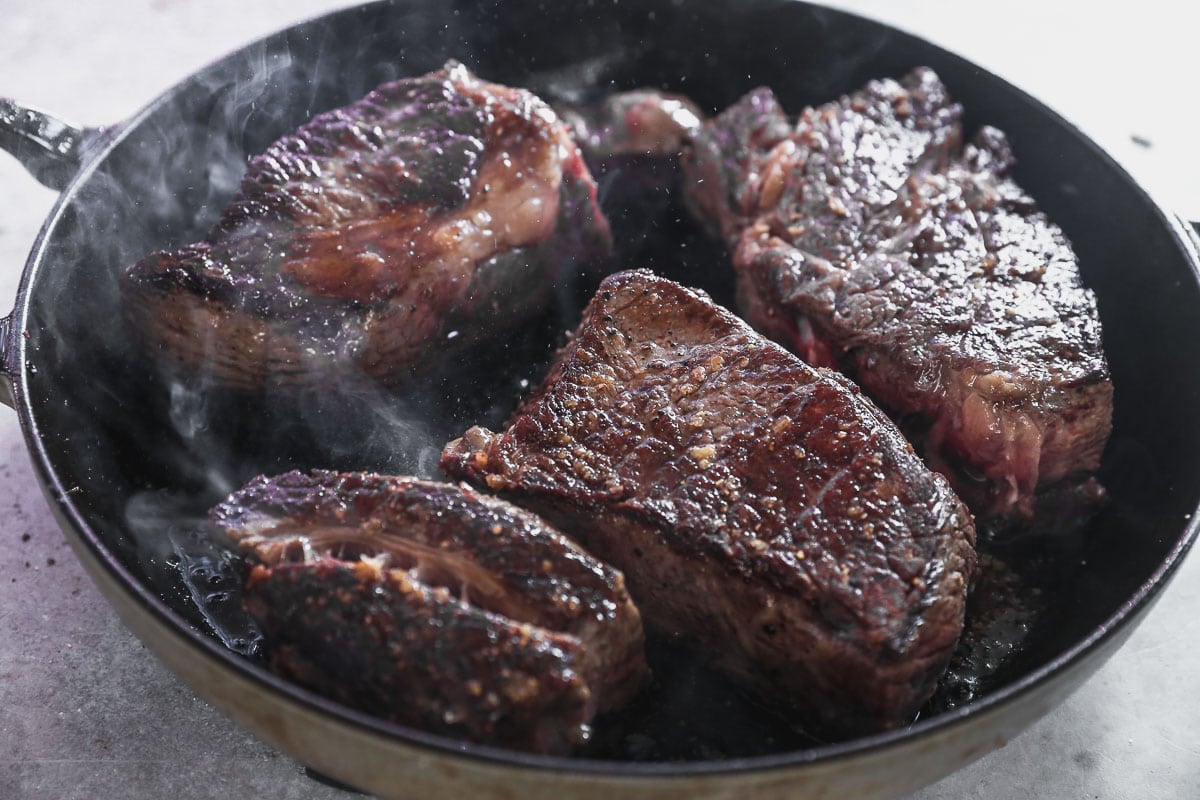 seared beef in pan
