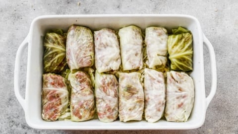 cabbage rolls in a baking dish