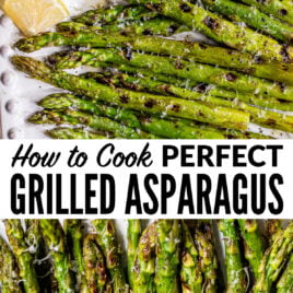 a collage of two photos of grilled asparagus