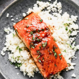 Easy honey glazed salmon and rice on a plate
