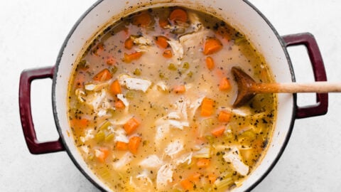 shredded chicken in a pot of steaming broth with vegetables