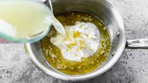 butter, sugar, lemon juice, and leon zest in saucepan for lemon tart