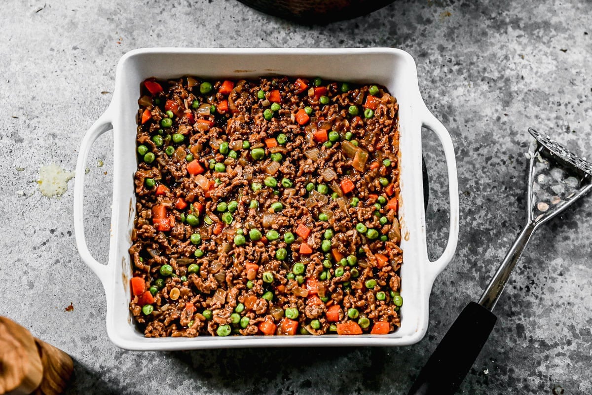 The base for easy shepherd's pie in a baking dish