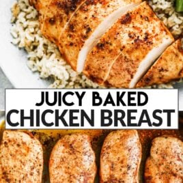 A collage of two photos of juicy baked chicken breast