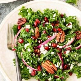 Make ahead Kale Salad with Pomegranate and Pecans. Our favorite winter salad recipe!