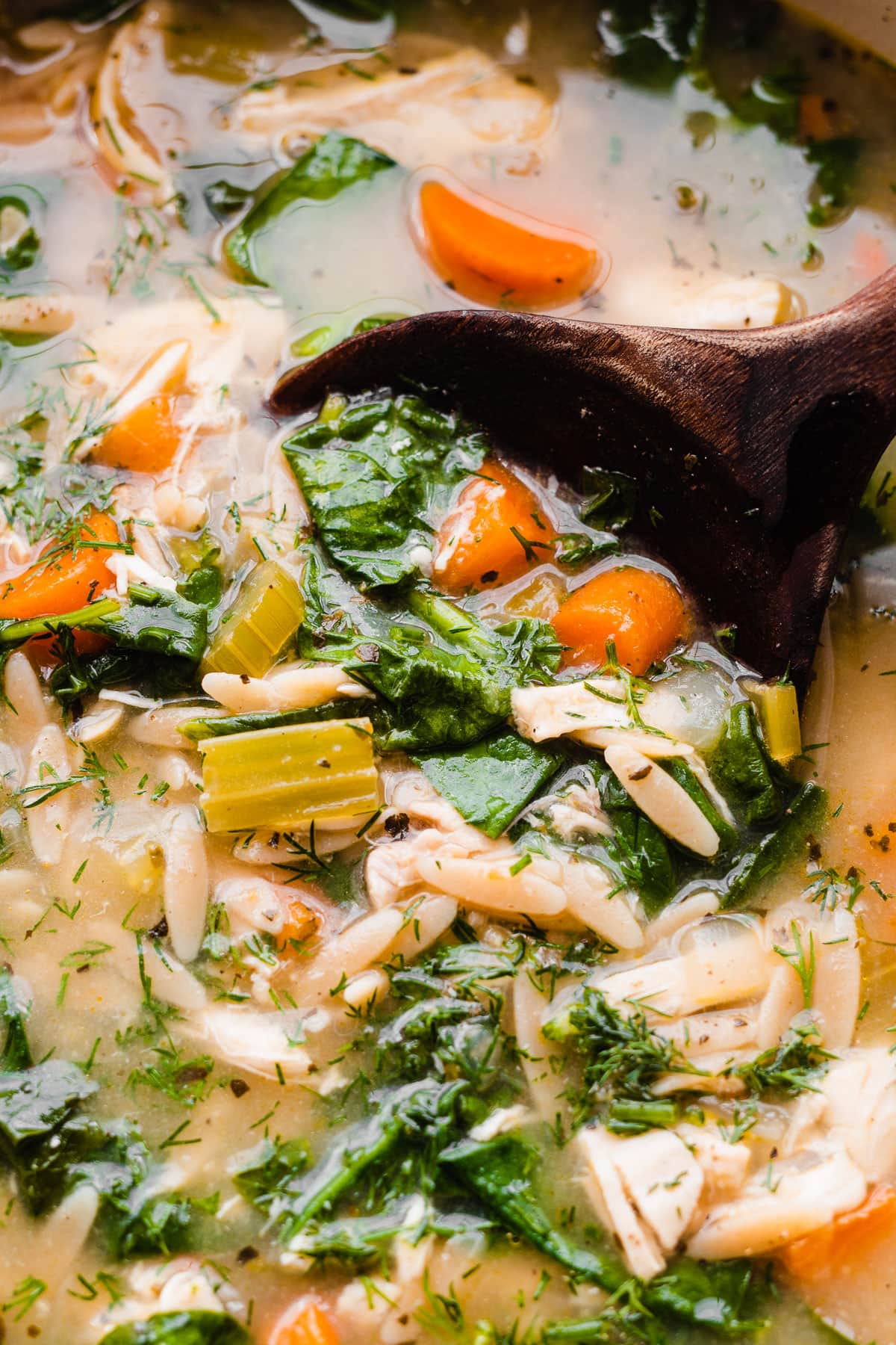a pot of easy lemon chicken orzo soup with spinach and a spoon