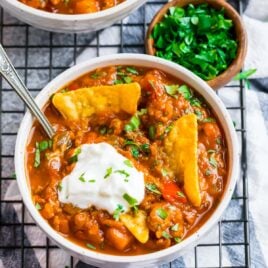 Pumpkin chili in a bowl with chips