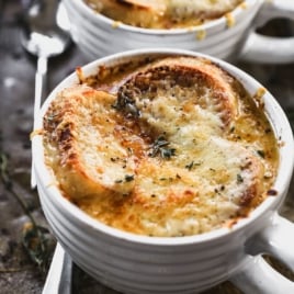 Crockpot French onion soup in two bowls