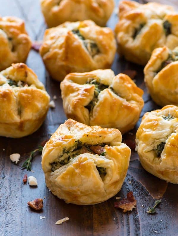 EASY Spinach Puffs. These cream cheese puff pastry cups are filled with cream cheese, spinach, feta, and bacon. The perfect holiday appetizer recipe!