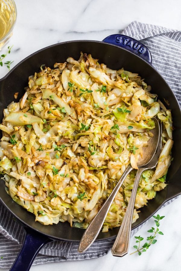 Sauteed Cabbage that's good for you served in a skillet for dinner
