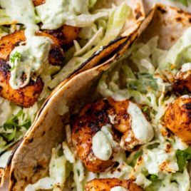 easy shrimp tacos photo with text